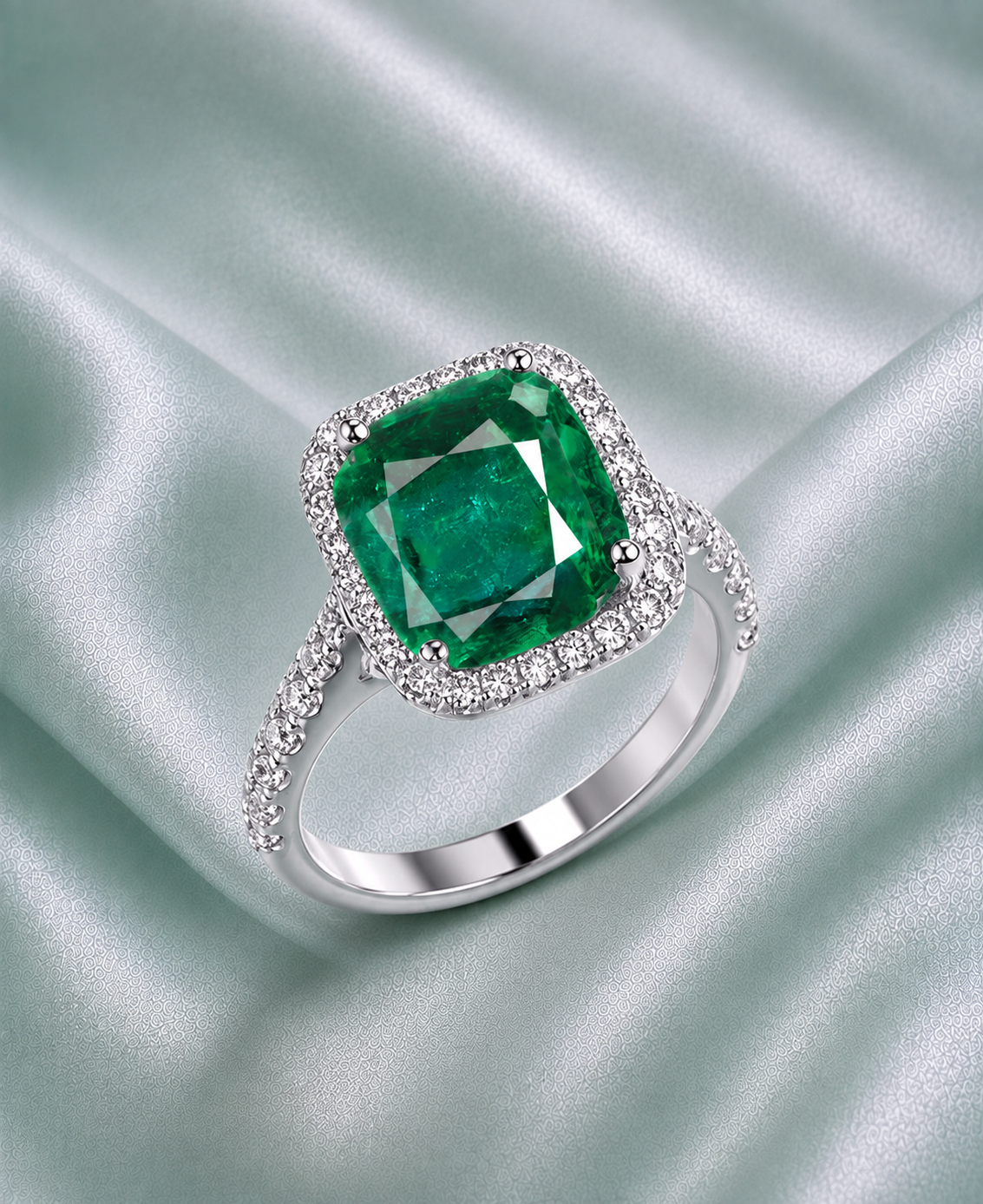 Emerald Halo Ring on Mint Satin